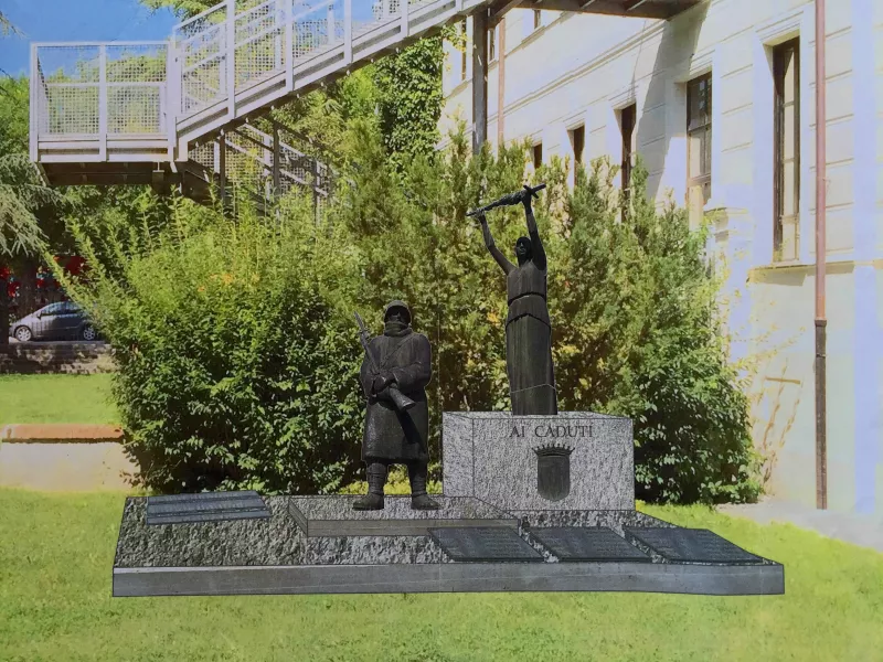 La nuova collocazione del monumento ai Caduti è nel giardino del municipio. Qui il disegno del progetto