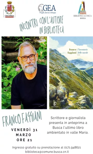 Lo scrittore Faggiani  a Busca per gli Incontri in biblioteca venerdì 31 marzo
