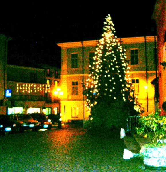 L'albero di Natale in piazza della Rossa, sullo sfondo il Palazzo dell'Istituto musicale 