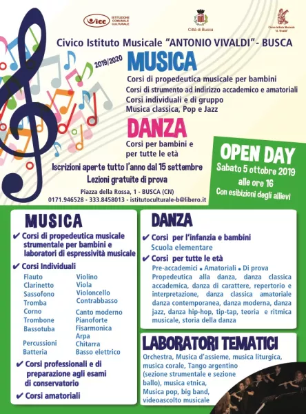 Sabato 5 orrobre open day  al civico istituto musicale Vivaldi