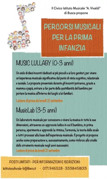 “Music Lullaby” è riservato a bambini da 0 a 3 anni e “Musiclab” è per bambini da 3 a 5 anni: la lezione di provra è lunedì 21 settembre