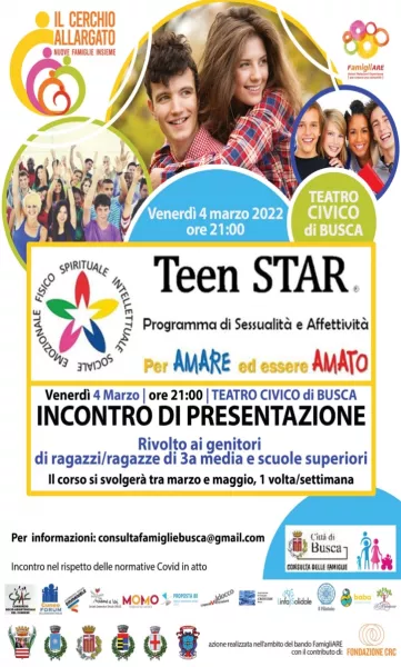 Il percorso formativo Teen Star sarà spiegato ai genitori venerdì 4 marzo alle ore 21 nel Teatro Civico