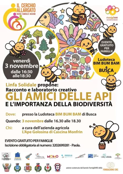  Venerdì 3 novembre dalle ore 16,30 alle 18,30 nella ludoteca Bim Bum Bam (via Carletto Michelis) si terrà l’iniziativa dal titolo Gli amici delle api