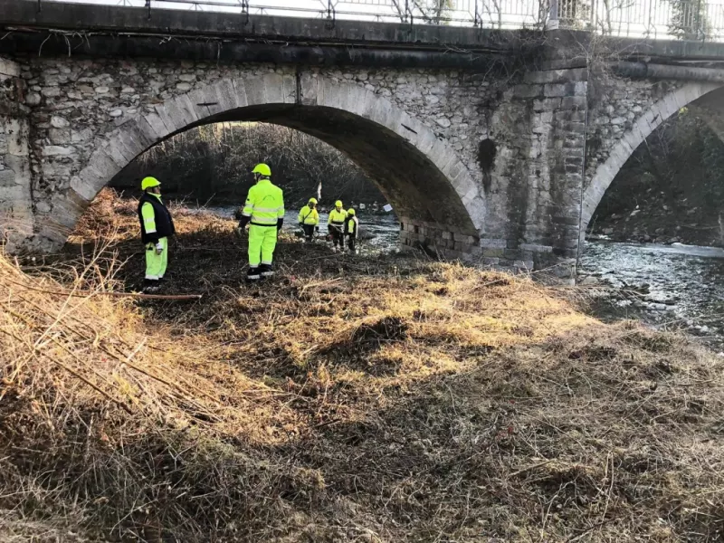 I volontari al lavoro sulle sponde del torrente Maira in prossimità del ponte di via Villafalletto
