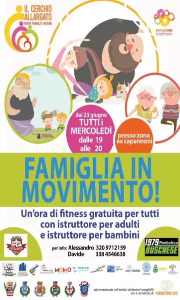 Tutti i mercoledì dalle ore 19 alle 20 nell'area capannoni un’ora di ginnastica per tutta la famiglia, con istruttori per adulti e per bambini. Partecipazione gratuita