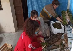 Tre giovani volontari della Cri Busca stanno allestendo il presepe di fronte alla cappella di San Giacomo