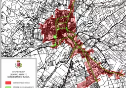 La perimetrazione del centro abitato in rosso, in verde le strade esentate 