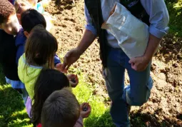 I bambini della scuola materna insieme ai volontari di Busca e Verde durante la semina