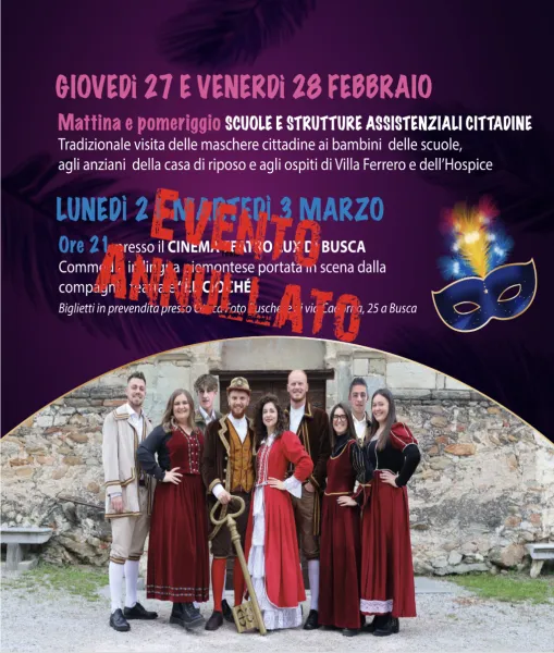 Giro auguri maschere del 70 anniversario del Carnevale di Busca, non ci sarà la Commedia della Filodrammatica