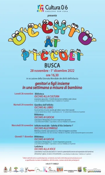Per il progetto cultura 0/6, da lunedì 28 novembre a giovedì 1° dicembre dalle ore 16,30 diversi luoghi cittadini accoglieranno laboratori, giochi e momenti dedicati a genitori e figli con attività pensate per questa fascia di età