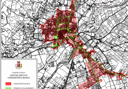 La perimetrazione del centro abitato in rosso, in verde le strade esentate 
